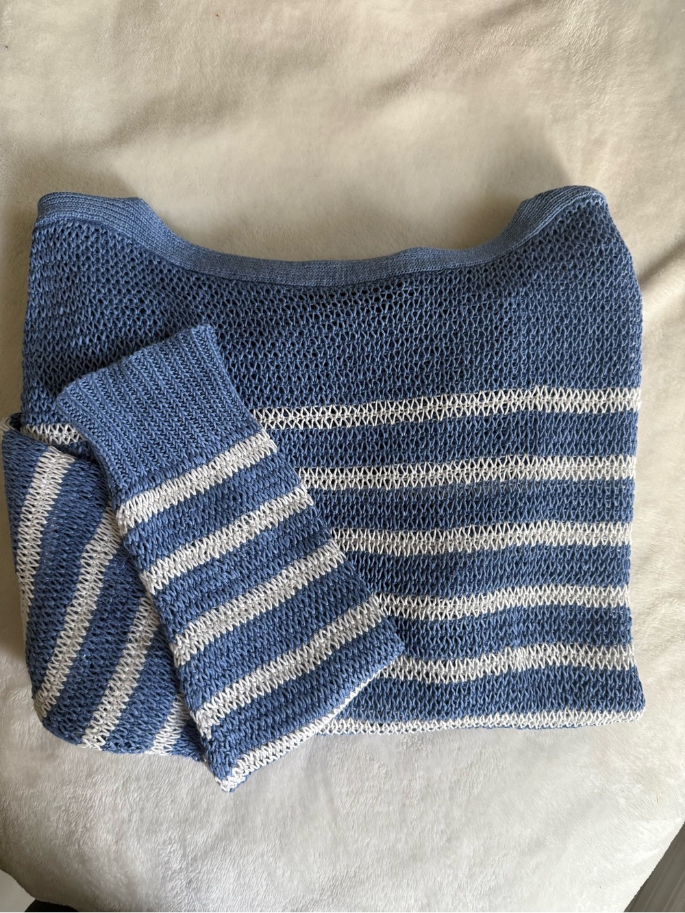 Polo by Ralph Lauren Blue & White Striped Off-Shoulder Knit Sweater